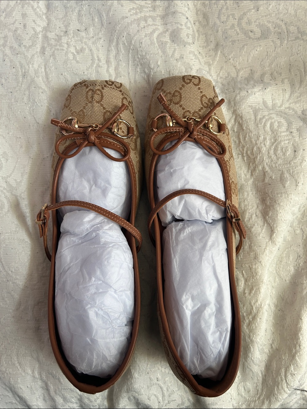Gucci Beige/Tan GG Canvas Ballet Flats with Brown Leather Trim